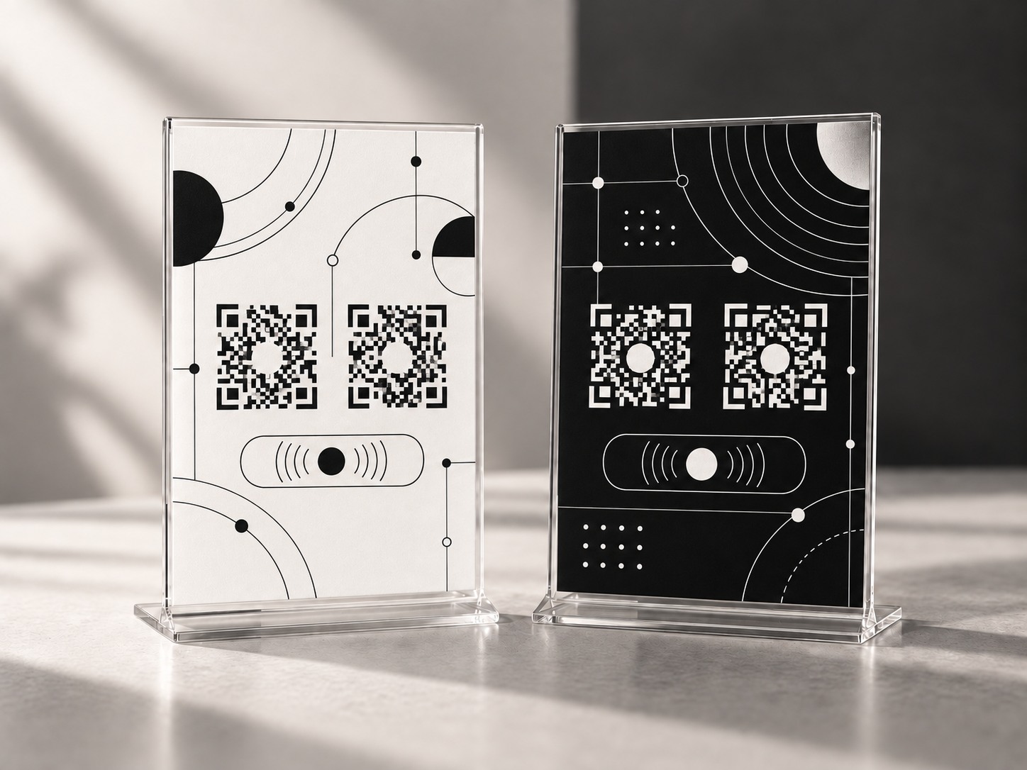 Mockups conceptuales de QR Negocios en edición blanca y negra, con códigos QR ilustrativos sin destino