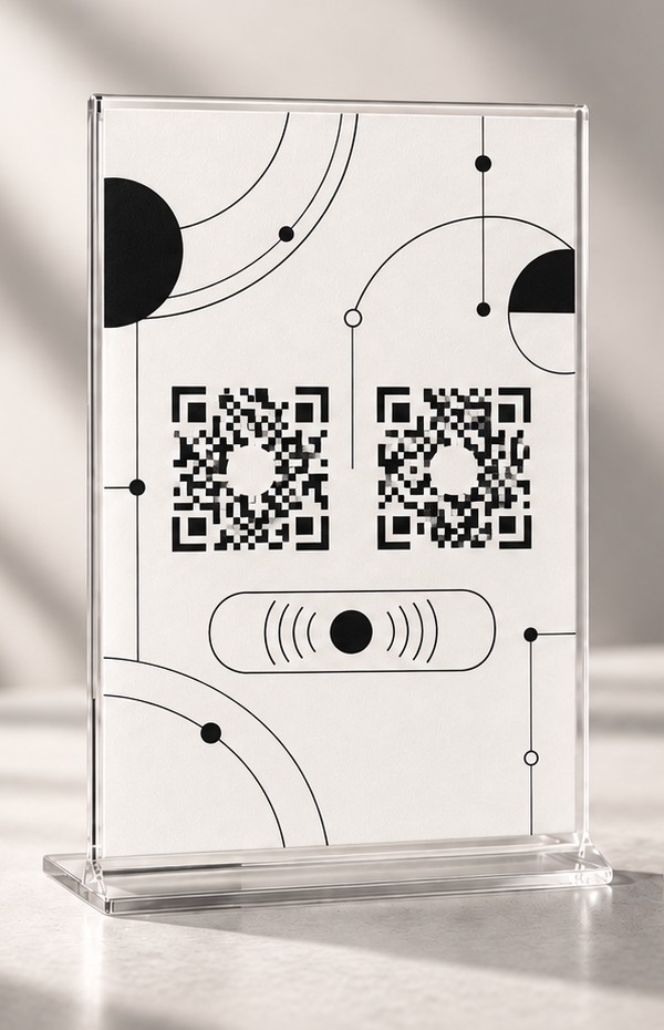 Mockup conceptual del exhibidor QR Negocios edición blanca, con códigos QR de muestra que no abren ningún destino