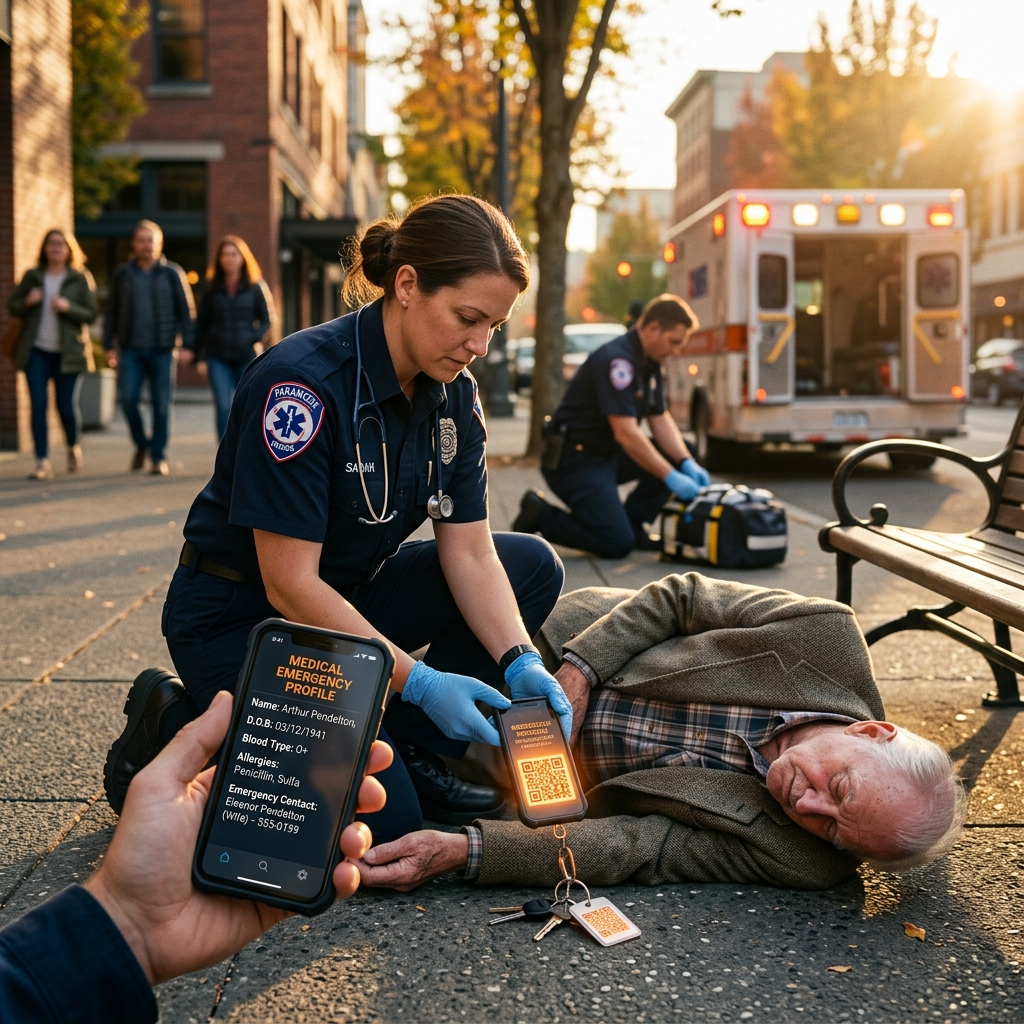 Paramédico escaneando SafeTag QR en emergencia médica